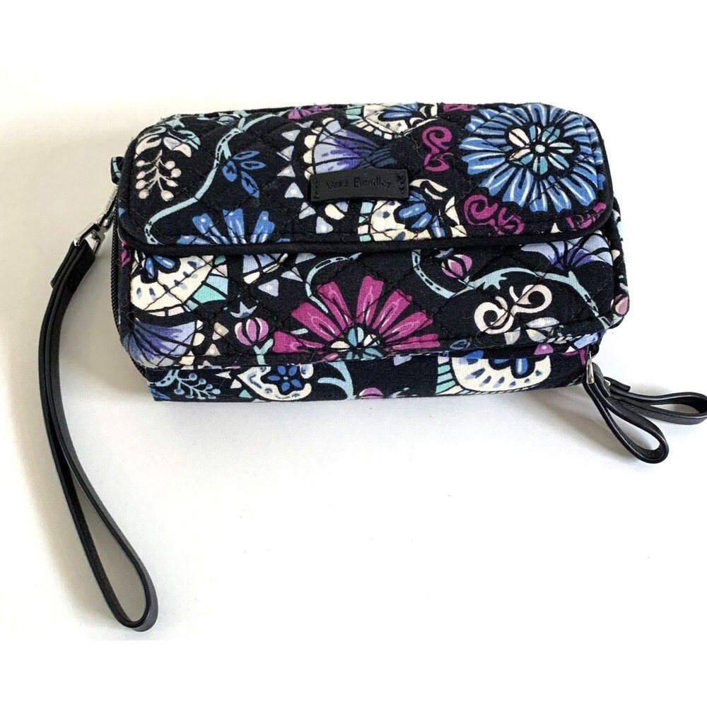 Vera Bradley RFID Wristlet Wallet Bramble Black, Blue, Purple Pattern (Retired)